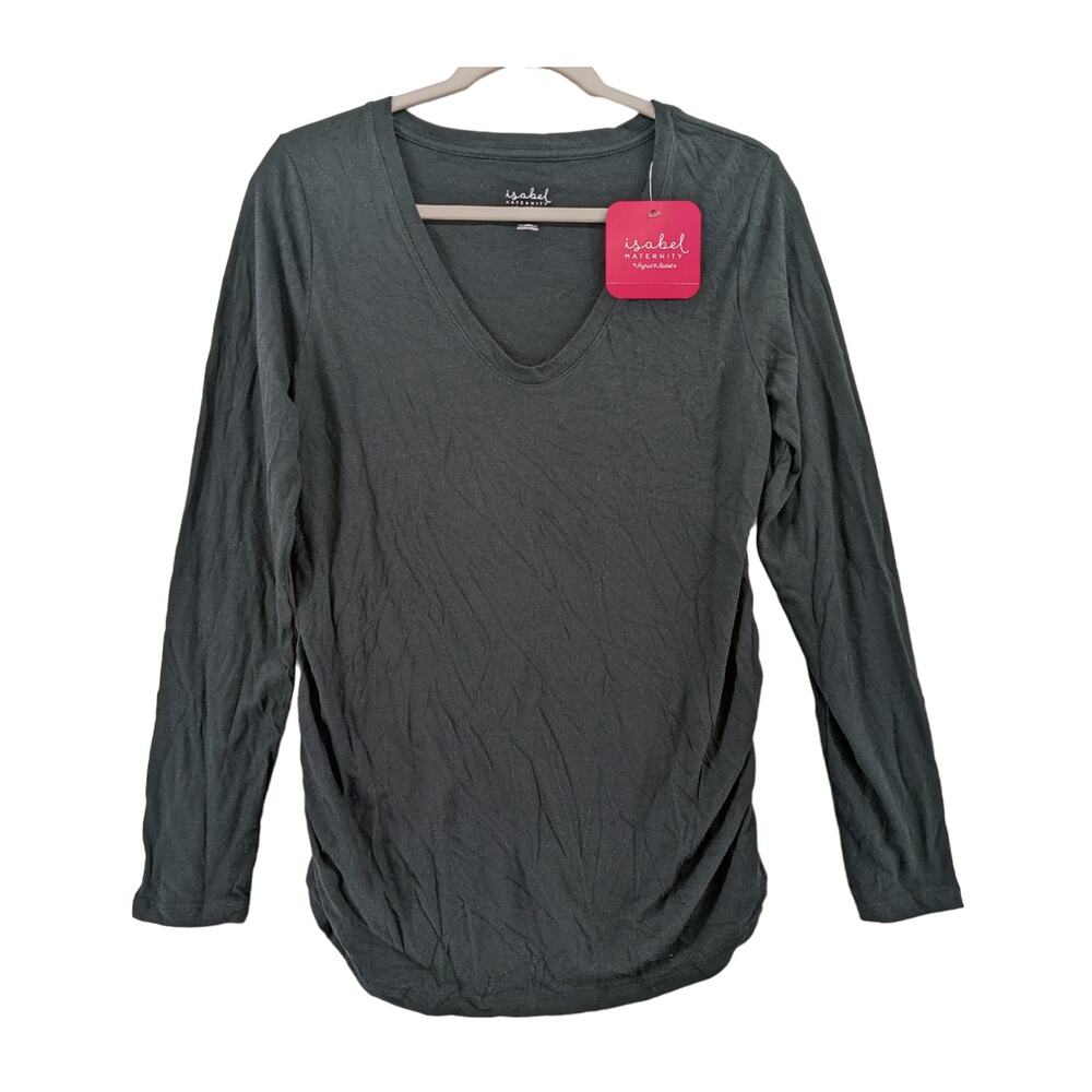 Isabel & Ingrid Maternity Shirt M Black Long Sleeve Shirred V Neck Top Layering‎